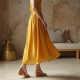 Mustard Yellow Double-Breasted Chiffon Satin Slip Skirt