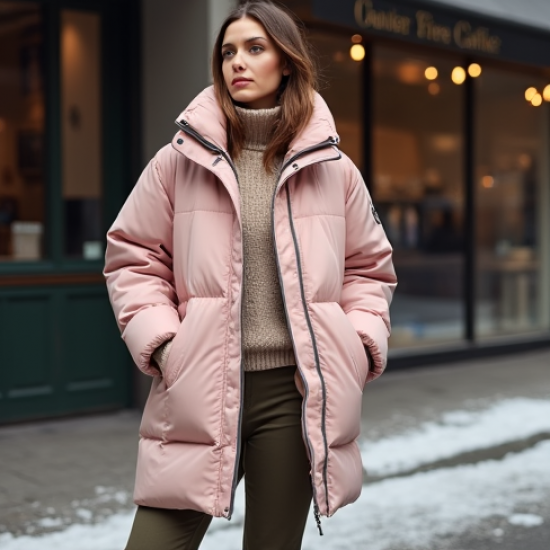 Pastel Pink Abstract Print Cowl Neck Puffer Coat
