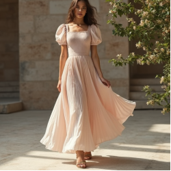 French Style Puff Sleeve Square Neck Pleated Maxi Skirt