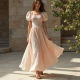 French Style Puff Sleeve Square Neck Pleated Maxi Skirt