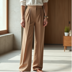 Oatmeal Chiffon Double-Breasted Pleated Slacks