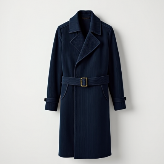 Navy Blue Corduroy Double-Breasted Trench Coat