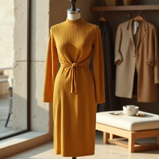 Mustard Yellow Ribbed Knit Belted Midi Dress