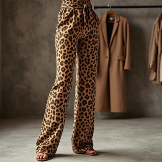Romantic Animal Print Belted High-Waisted Trousers