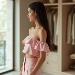 Pastel Pink Houndstooth Off-Shoulder High-Waisted Trousers