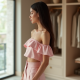 Pastel Pink Houndstooth Off-Shoulder High-Waisted Trousers