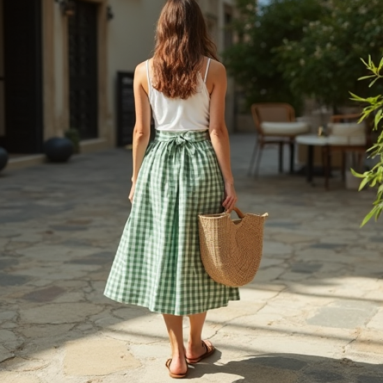 Sage Green Gingham Square Neck Wrap Front Skirt