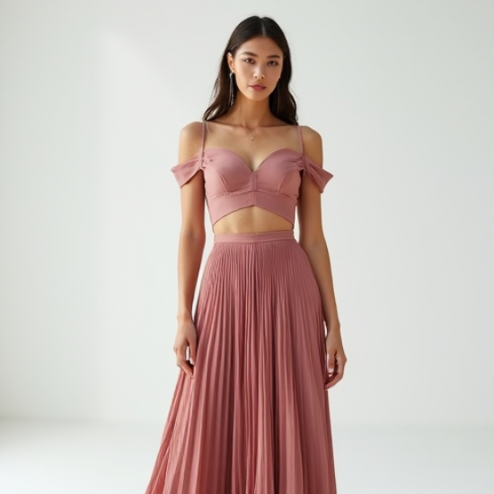 Dusty Rose Cut-Out Off-Shoulder Pleated Maxi Skirt