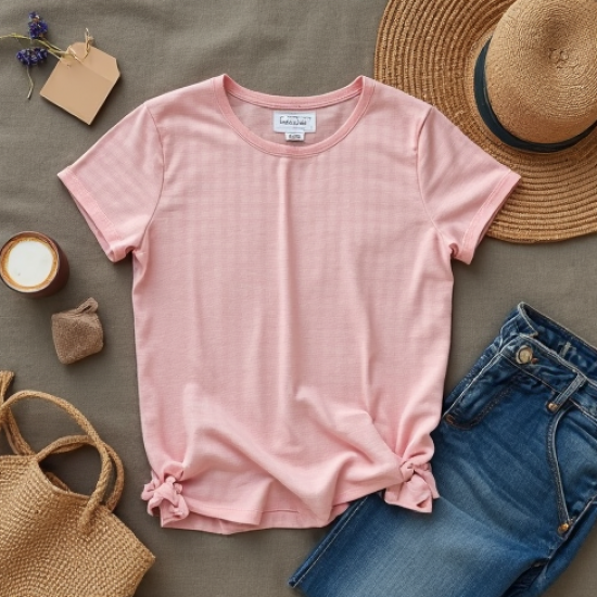 Pastel Pink Gingham Square Neck Graphic Tee