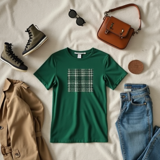 Emerald Green Houndstooth Off-Shoulder Graphic Tee