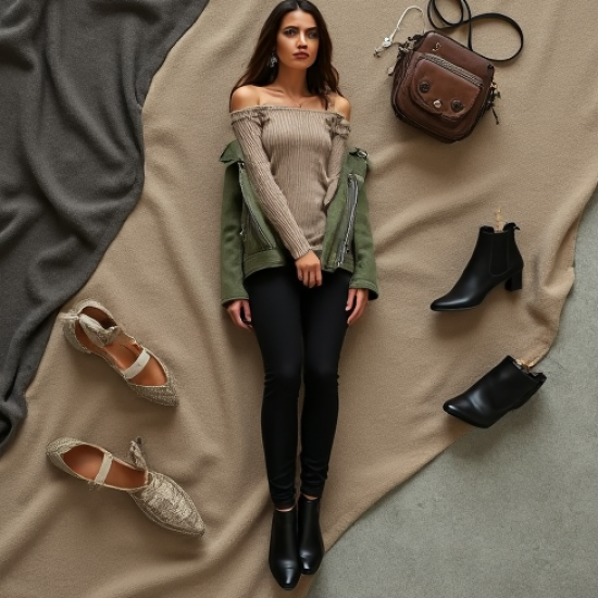 Sage Green Tweed Off-Shoulder Biker Jacket