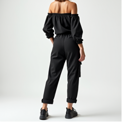 Midnight Black Abstract Print Off-Shoulder Cargo Pants