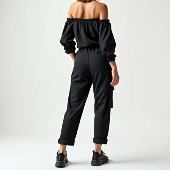 Midnight Black Abstract Print Off-Shoulder Cargo Pants