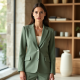 Sage Green Gingham Square Neck Tailored Blazer