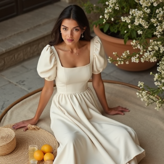French Style Puff Sleeve Square Neck Dress