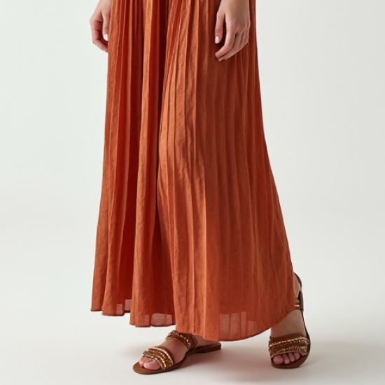 Terracotta Polka Dot Off-Shoulder Pleated Maxi Skirt