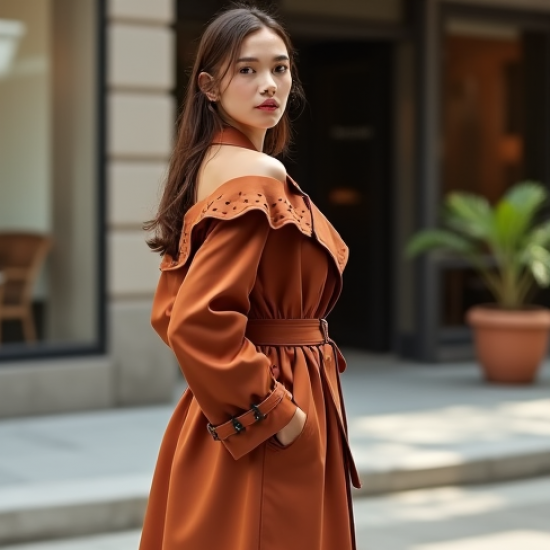 Terracotta Polka Dot Off-Shoulder Trench Coat