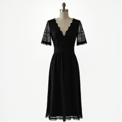 Midnight Black Jacquard V-Neck Midi Dress