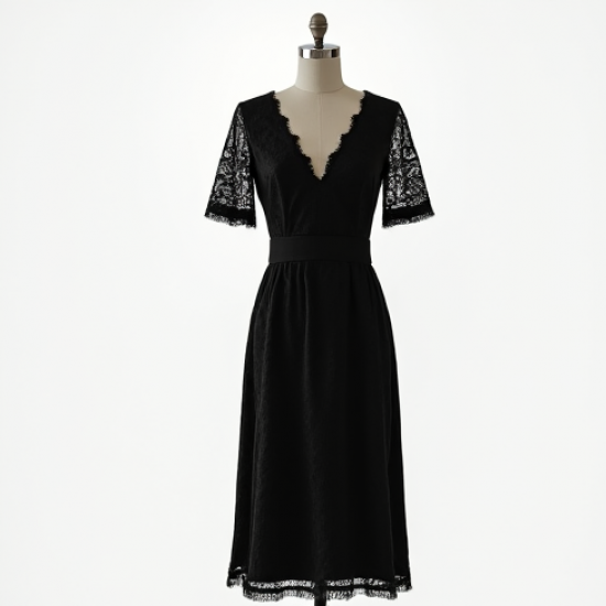Midnight Black Jacquard V-Neck Midi Dress