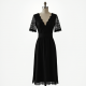 Midnight Black Jacquard V-Neck Midi Dress