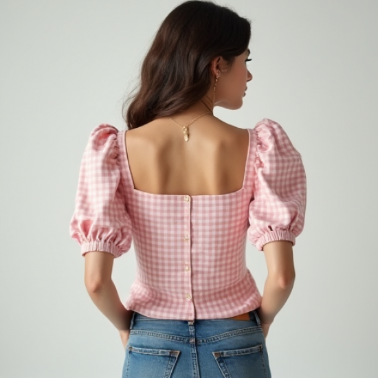 Pastel Pink Gingham Square Neck Puff Sleeve Top