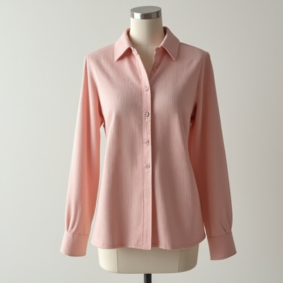 Pastel Pink Ribbed Knit Button-Down Blouse