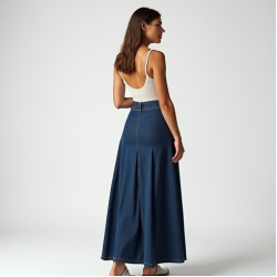 Navy Blue Denim Wrap Front Pleated Maxi Skirt