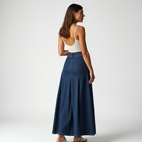 Navy Blue Denim Wrap Front Pleated Maxi Skirt