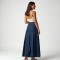 Navy Blue Denim Wrap Front Pleated Maxi Skirt