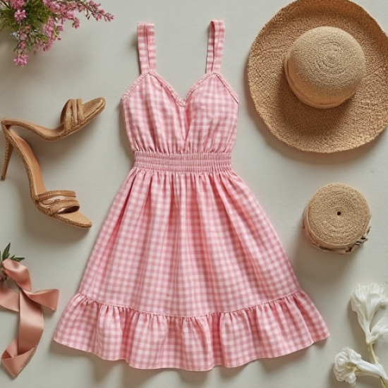 Pastel Pink Gingham Backless Tiered Dress