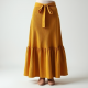 Mustard Yellow Ribbed Knit Belted Tiered Boho Skirt