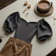 Charcoal Houndstooth Off-Shoulder Puff Sleeve Top