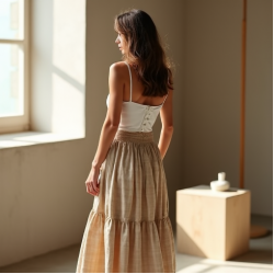Oatmeal Gingham Smocked Tiered Boho Skirt