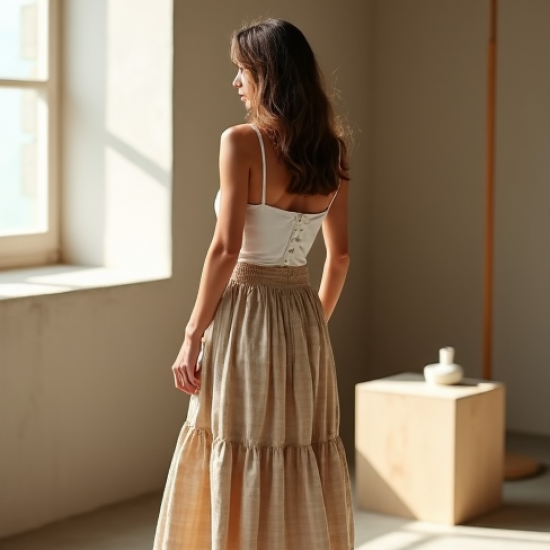 Oatmeal Gingham Smocked Tiered Boho Skirt