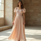 French Style Puff Sleeve Square Neck Pleated Maxi Skirt
