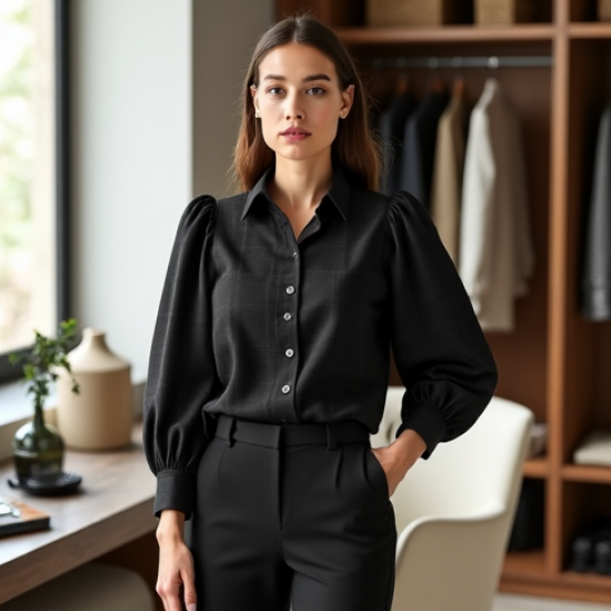 Midnight Black Plaid Puff Sleeve Blouse