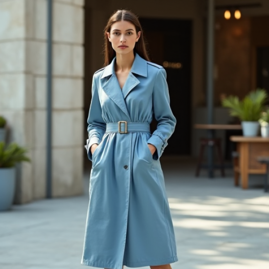 Sky Blue Linen Blend Corset Waist Trench Coat