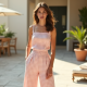 Pastel Pink Gingham Square Neck Wide-Leg Pants