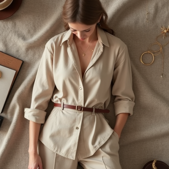 Oatmeal Linen Blend Cowl Neck Blouse