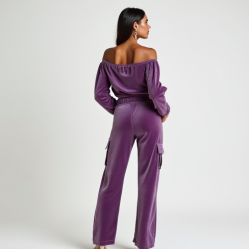 Lavender Off-Shoulder Velvet Cargo Pants