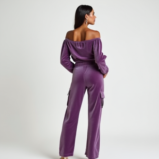 Lavender Off-Shoulder Velvet Cargo Pants