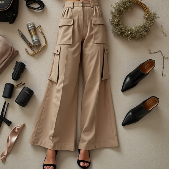 French Style Double-Breasted Tulle Cargo Pants