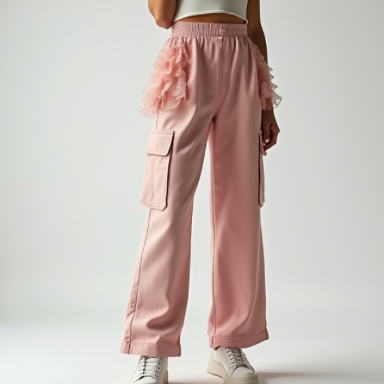 Pastel Pink Ruffled Tulle Cargo Pants