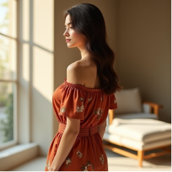 Terracotta Floral Print Off-Shoulder High-Waisted Trousers