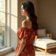 Terracotta Floral Print Off-Shoulder High-Waisted Trousers