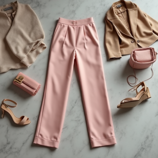 Pastel Pink Square Neck Satin High-Waisted Trousers