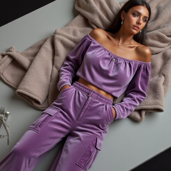Lavender Off-Shoulder Velvet Cargo Pants