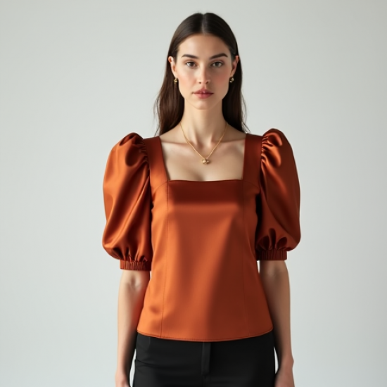 Terracotta Satin Square Neck Puff Sleeve Top
