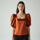 Terracotta Satin Square Neck Puff Sleeve Top