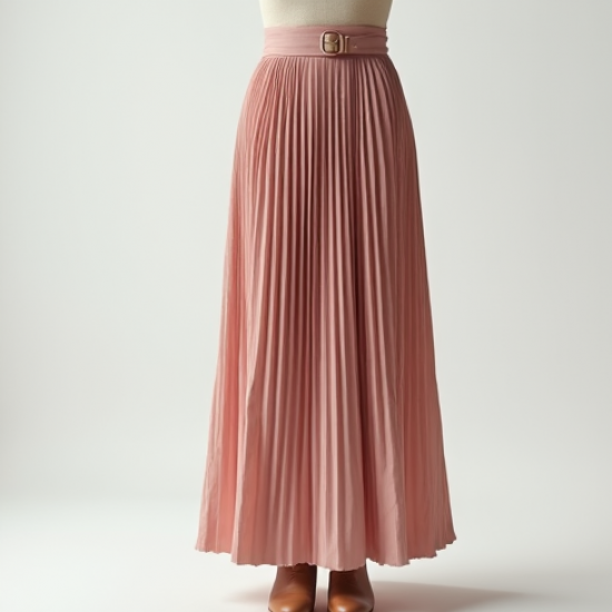 Pastel Pink Cashmere Blend Belted Pleated Maxi Skirt